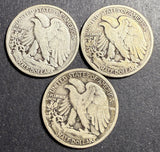 Lot 3pcs, 1929-S Walking Liberty Half Dollars, Average Circulated. (15770)