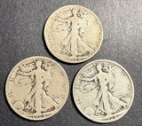 Lot 3pcs, 1928-S Walking Liberty Half Dollars, Average Circulated. (15772)