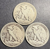 Lot 3pcs, 1928-S Walking Liberty Half Dollars, Average Circulated. (15772)