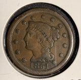 1851 Braided Hair Large Cent, VF. (16113)