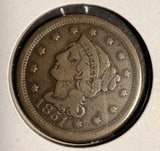 1851 Braided Hair Large Cent, Circulated. (16115)