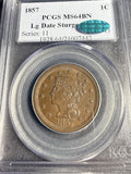 1857 Lg Date Braided Hair Large Cent, MS64BN PCGS+CAC (16474)