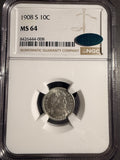1908-S Barber Dime, MS64 NGC+CAC (16530) Key Date