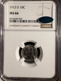 1913-S Barber Dime, MS66 NGC+CAC (16533) Key Date
