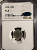 1912-S Barber Dime, MS64 NGC+CAC (16534) Key Date