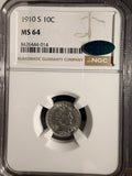 1910-S Barber Dime, MS64 NGC+CAC (16535) Key Date