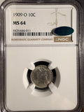 1909-O Barber Dime, MS64 NGC+CAC (16536) Key Date