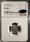 1909-D Barber Dime, MS64 NGC+CAC (16537) Key Date