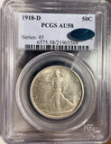 1918-D Walking Liberty Half Dollar, AU58 PCGS+CAC (16558)