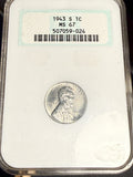 1943-S Lincoln Wheat Cent, Steel, MS67 NGC (16608)