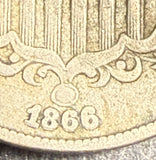 1866/1866 Repunched Date Shield Nickel, Circulated (16730)