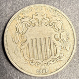 1866/1866 Repunched Date Shield Nickel, Circulated (16730)