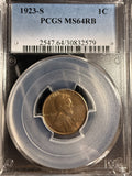 1923-S Lincoln Wheat Cent, MS64RB PCGS (16851) Tough Coin