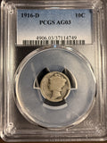 1916-D Mercury Head Dime, AG3 PCGS, (16922)