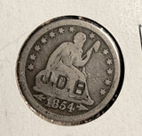 1854 Seated Liberty Quarter, Stamped  "JDB". (17364)