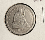 1856 Seated Liberty Quarter, XF Details. (17366)
