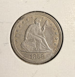 1858 Seated Liberty Quarter, AU+. (17368)