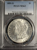 1891-S Morgan Silver Dollar, MS63 PCGS, (18044)
