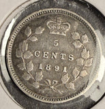 1891 Canadian 5ct Silver, VF. (18592)