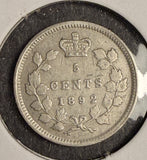 1892 Canadian 5ct Silver, XF. (18594)