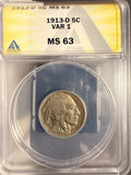 1913-D T-1 Buffalo Nickel, MS63 ANACS. (18746)