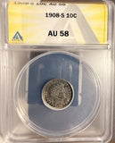 1908-S Barber Dime, AU58 ANACS (18754)