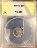 1908-D Barber Dime, AU58 ANACS (18758)