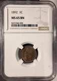 1892 Indian Head Cent, MS65BN. NGC (19304)
