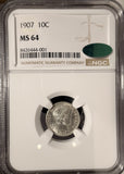 1907 Barber Dime, MS64 NGC+CAC. (19338)