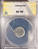 1910-D Barber Dime, AU58 ANACS. (19342)