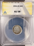 1911-S Barber Dime, AU58 ANACS. (19344)