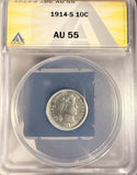 1914-S Barber Dime, AU55 ANACS. (19346)
