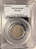 1854-O Arrows Seated Liberty Quarter, AU50 PCGS (19352)