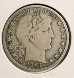 1913 Barber Half Dollar, Nice VG+. (19740)