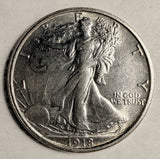 1918-D Walking Liberty Half Dollar, Choice AU Det.  (19828)