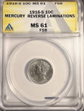 1916-S Mercury Head Dime, MS61FSB,  ANACS (19938). Reverse Laminations