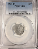 1921-D Mercury Head Dime, VF30 PCGS (20037)