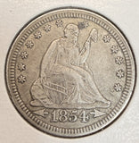 1854 Seated Liberty Quarter, XF+ (20406)