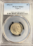 1913-S Type-2 Buffalo Nickel, MS64 PCGS, Key Date. (21130)