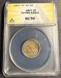 1857 Flying Eagle Cent, AU50, ANACS, (21268)