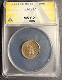 1901 Indian Head Cent, MS62BN, ANACS, (21274)