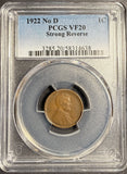 1922 No D Strong Reverse Lincoln Wheat Cent, VF20 PCGS . (21326)