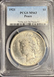 1921 Peace Silver Dollar, MS63, PCGS (21373)