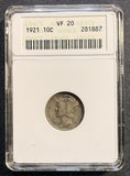 1921 Mercury Head Dime, VF20 ANACS Soapbox. (23180)