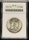 1943 Walking Liberty Half Dollar, MS64 ANACS Soapbox. (23282)