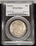 1943-D Walking Liberty Half Dollar, MS66 PCGS. (23286)