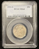 1911-S Barber Quarter, Key Date. MS64 PCGS (23886)