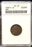 1909-SVDB Lincoln Wheat Cent, Key Date, XF45 ANACS Soapbox, (24500)