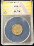 1862 Indian Head Cent, Nice AU55,  ANACS, (25360)