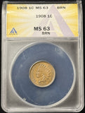 1908-P Indian Head Cent, MS63BN ANACS, (25372)
